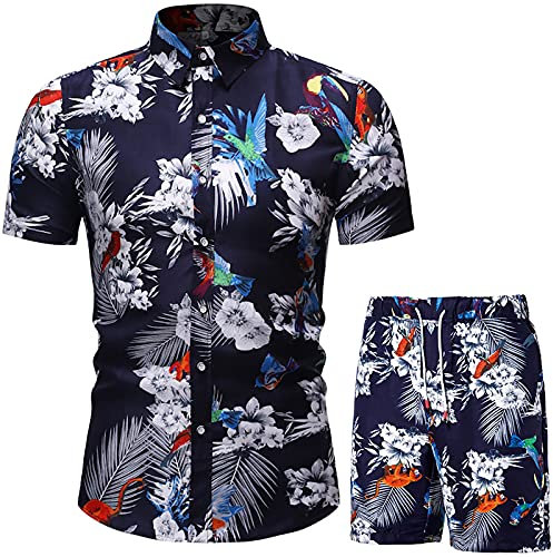 Chemise de loisirs - Short de surf pour les vacances - Pour homme - Chemise hawaïenne et short de plage hawaïen - Décontracté - Floral à manches courtes - Ensemble d'été, A1 rose., XXL