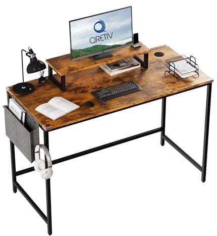 Qretiv Small Space Computer Desk - 110cm Wide Wooden Workstation Desk for Home Office, PC, Gaming & Study with Storage & Corner Protectors