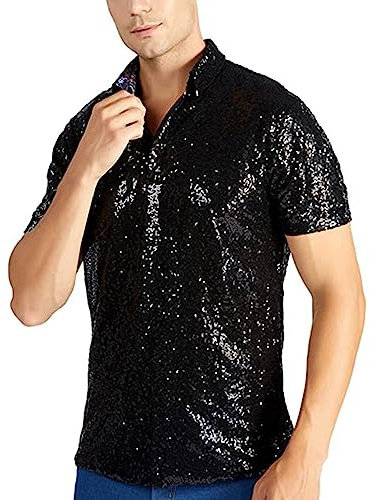 Herren Pailletten-T-Shirt Disco Hemd 70er 80er Jahre Kostüm Motto Party Hippie Silvester Karneval Fasching Sliber Gold Schwarz Kurzarm Turndown Sparkle Nachtclub Party Polo T-Shirt Tops