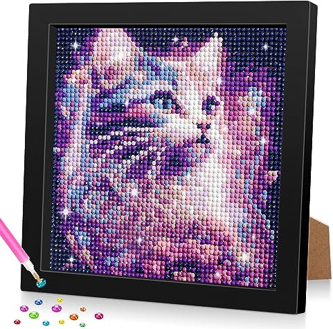 Lxmsja 5D DIY Diamond Painting Kinder Katze Tiere, Diamant Painting Bilder Kinder Erwachsene, Diamond Painting Mädchen mit Rahmen, Mädchen Geschenke 4-13 Jahre, Arts Craft für Home Wand Decor