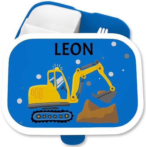 Kinder Campus für Mepal - Brotdose Bagger mit Name personalisiert I Baggerfahrer I Bagger Fan Baumaschine - 750 ml - Blau - kindergarten vesperdose jausenbox junge baustellenfahrzeuge motiv