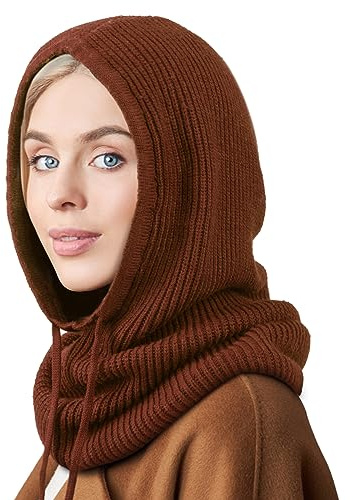Kapuzenschal, Strick, Sturmhaube, Damen, Beanie, Totenkopfmütze mit Kordelzug, warme Wintermützen für Damen und Herren, Outdoor-Sport, 1 x Kapuzenmütze: Karamell, Einheitsgröße