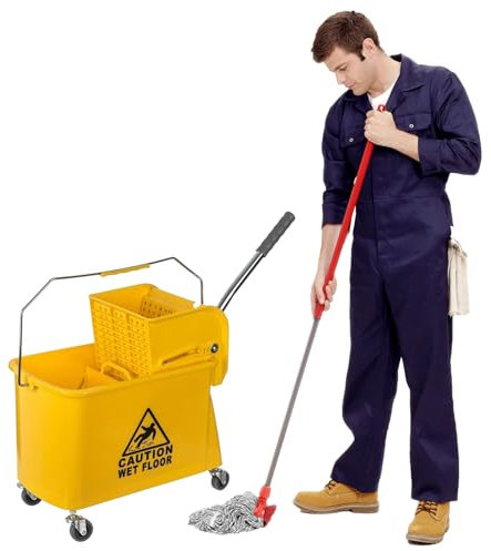 Curvaso 20L Yellow Kentucky Mop Bucket & Wringer System with Wheels | Commercial Grade Floor Cleaning for Office, School & Restaurant Use | Heavy Duty Handle