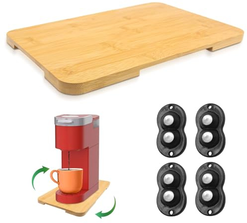 Appliance Slider 360° Rolling Tray for Coffee Maker Bamboo Coffee Pot Slider Tray Countertop Rotation Sliding Tray with Wheels, Kitchen Small Appliances Mat Easily from Under the Cabinet(9.25×13.44)