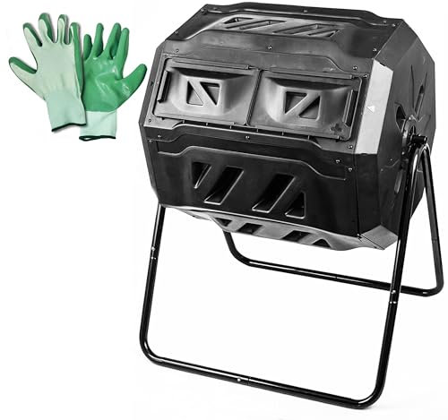 MaxWorks 50891 Compost Tumbler Bin Composter Dual Chamber 42 Gallon, Bundled with Gloves