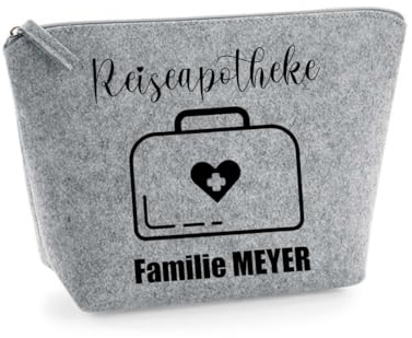 AWASG Reiseapotheke Filz Tasche - Personalisiert mit Name - Täschchen Medikamente Urlaub Familie - Notfalltasche leer M (19 x 18 x 9 cm) (hellgrau)