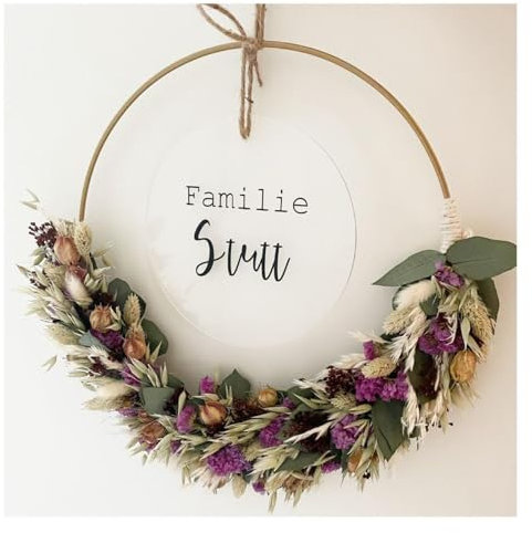 Türkranz Trockenblumen personalisiert mit Metallring – Für Interior-Liebhaber, Hochzeiten & Geburtstage - Dekokranz mit getrockneten Blumen Naturmaterial - Trockenblumenkranz Frühling (Lila)