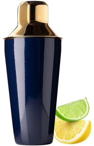Stainless Steel Cocktail Cobbler Shaker Tool - 500ml (17fl oz). Built-in Ice Strainer, Silicone Seal & Spirit Measure Cap. Modern Design, Blue & Gold in Colour, Great for Beginners & Professionals