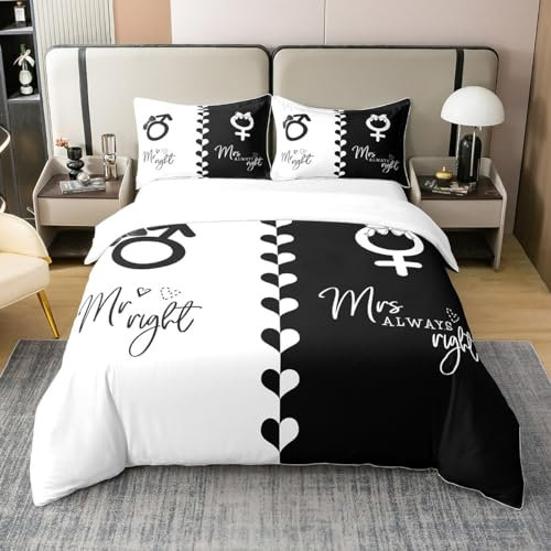 Loussiesd Valentinstag Betten Set His und Hers Bettwäsche Set 135x200cm für Weich Schwarz Weiß Bettbezug Set Lover Romantisch 100% Baumwolle Reißverschluss
