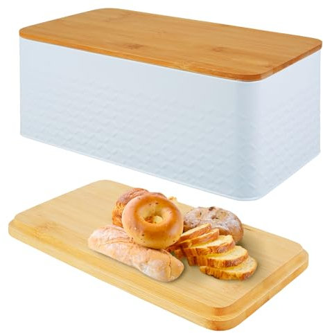 NIHUIFDPY Bread Bin, Metal Bread Box with Wooden Cutting Board Lid, Vintage Breathable Bread Storage Container, Large Bread Container for Kitchen Countertop,Space-Saving & Heavy Duty (White)