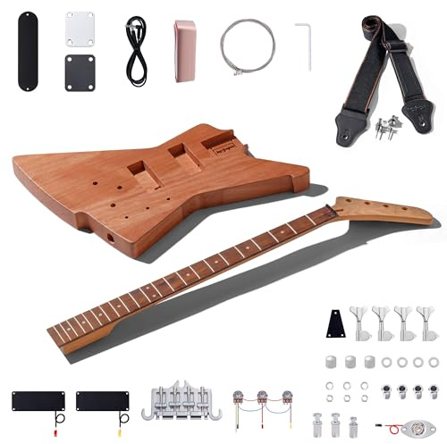 Leo Jaymz DIY E-Bassgitarren-Kits – Korpus aus Mahagoni, Hals aus geröstetem Ahorn und Griffbrett aus Lorbeerholz – Vollkomponenten enthalten