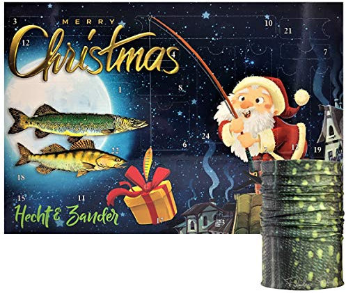 MF Mega Fishing Angler Adventskalender - Hecht & Zander oder Forelle & Barsch Spinfischer Angel Raubfisch Weihnachtskalender + Multifunktions Schal im passenden Zielfisch Design (Hecht & Zander)