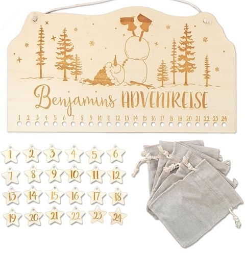 FEENSTAUB Personalisierter Adventskalender, Adventskalender Holz, Geschenk Adventszeit Brett graviert mit Namen, Holzleiste Adventkalender zum Aufhängen, DIY Adventkalender Schneemann