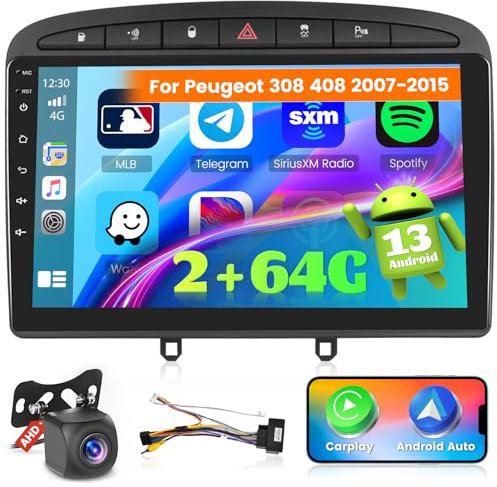 Ohradio 2G+64G Android 15 Radio Coche para Peugeot 308 408 2007 2008 2009 2010 2011 2012-2015, Carplay Android Auto inalámbrico, 9 Pantalla Táctil 2 DIN con WiFi GPS FM/RDS BT SWC+Cámara Trasera+Mic