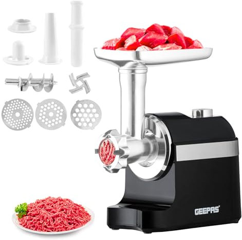 Geepas Electric Meat Grinder | Stainless Steel Meat Mincer & Sausage Stuffer, Food Grinding Mincing Machine with Kibbe | 3 Different Cutting Plates, Reverse Function, 1800W, Plastic Housing, Black