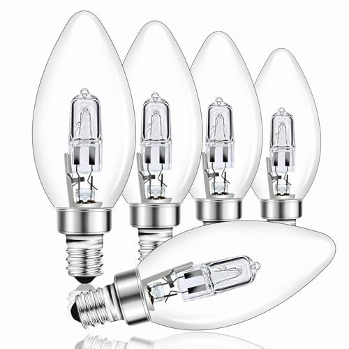 Morotty E14 Halogen Candle Bulbs Dimmable Warm White 2700K, 340LM, AC 220-240V, E14 SES C35 Small Screw Candle Bulbs, Decorative Light Bulb for Chandelier, Ceiling Light, 5 Pack