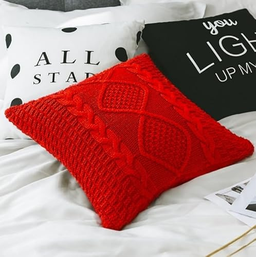 Kissenbezug aus Baumwolle mit Zopfmuster, weich, dekorativ, doppelseitig, gestrickt, für Bett, Auto, Couch, Pullover, quadratisch, warm, Rot