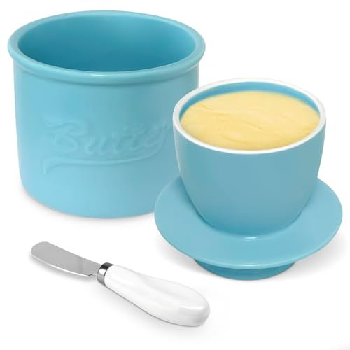 Miyacare Beurrier porcelaine,Beurrier Français en Céramique,Beurrier à Eau,Beurrier Français en Céramique avec Couvercle et Couteau à Beurre,pour Beurre Frais et Tartinable (Bleu, 10CM)