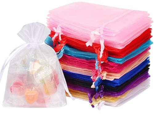 HRX Package 100pcs Assorted 10 Color Organza Bags Small, 8x10cm Drawstring Jewellery Little Mesh Gift Favour Pouch for Wedding Party Small Business Packaging Bags