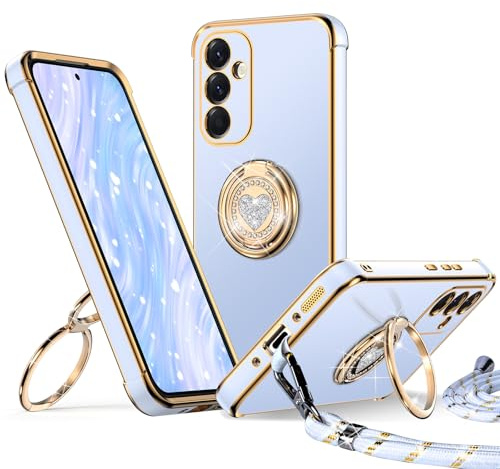 XYZ für Samsung Galaxy A56 5G Hülle mit Band, Blau | Herzen Doppelring Ständer HandyHülle, Frauen Mädchen Dünn Stoßfeste Case mit Handykette, Anti Kratzt SchutzHülle