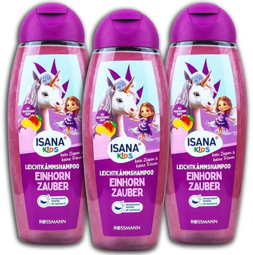 3er Pack ISANA KiDS Leichtkämmshampoo Einhorn Zauber Kinder Shampoo 3x 300ml