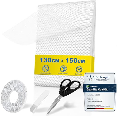 teeppo Fliegengitter Fenster 3 Stück | 130 x 150 cm, Insektenschutz Fenster Zuschneidbar mit Klettband Selbstklebend, Fliegennetz ohne Bohren, Moskitonetz Fenster aus Polyester【Weiß】