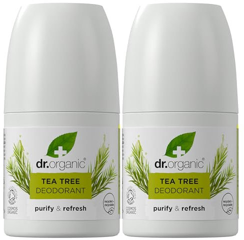 Dr Organic Tea Tree Deodorant Pack of 2 x 50ml - Roll On, Aluminium Free, Natural Deodorant, Vegan, Paraben & SLS-Free, Certified Organic, 50ml