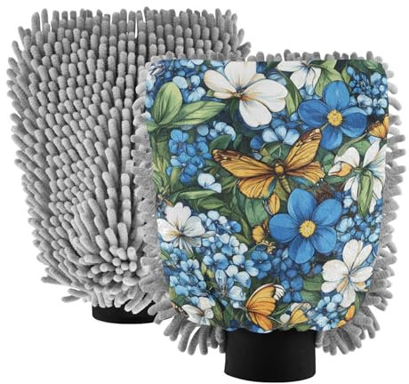 Beauty Spring Autowaschhandschuhe, blaue Blumen, kratzfrei, Autowaschschwamm, 2 Stück