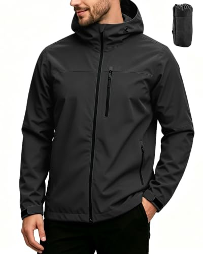 PYALT Veste pour hommes Imperméable et respirante Veste softshell Veste de pluie légère Coupe-vent pliable Manteau de pluie pour vélo avec capuche Black S