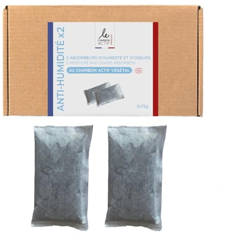 Le Charbon Actif Français - Lot de 2 Absorbeurs d’Humidité Naturels | Anti-Odeur & Anti-Moisissure | Charbon Actif végétal | Déshumidificateur Tiroir, Placard, Chaussures | Écologique & Compostable