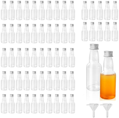 WeeGoo 60 Pcs 50ml Alcohol Bottle with Lid, Mini Plastic Liquor Bottles | Portable, Reusable Clear Minature Shot Bottles with Funnels, for Home, Wedding, Party, Travel
