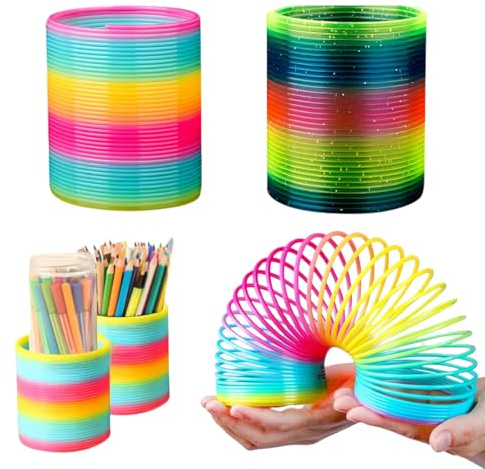 Vyloky 2er Set Rainbow Magic - ​​Feder-Spirale Regenbogen - Handliches Anti-Stress Tool fürs Büro & Unterwegs - Zur Entspannung und Fokussierung (Regenbogen + Pailletten)