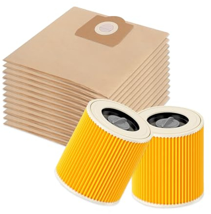 10 Sacchetti per Karcher WD3 WD3.200 WD3.300 WD3.500 WD3.800 MV3 SE4001/4002 + 2 Filtri a Cartuccia