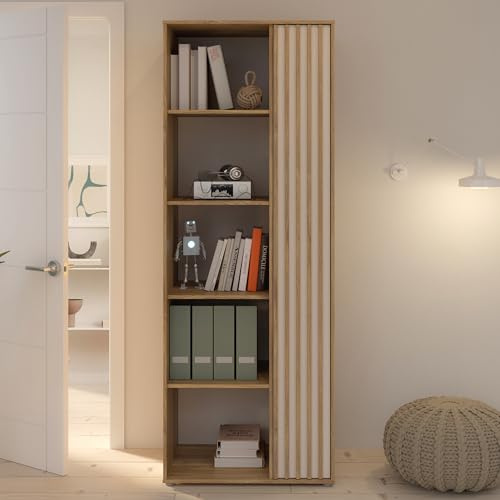 Forte ELISTON Regal 70 80, modernes Bücherregal mit Lamellendesign, 1-türig, 4 Einlegeböden, Wohnzimmer/Büro, Mauvella Eiche Holzdekor|Kashmir Beige, 74 cm breit x 200,1 cm hoch x 54 cm tief