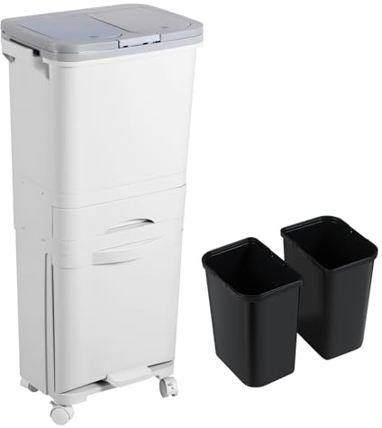 Peviasot Mülleimer Küche mit 3 Fächern, Küchenmülleimer 42L, Tretmülleimer, Abfalleimer mit Deckel, Recycelbarer Großabfallbehälter, Trocken und Nasstrennung, für Küche, Wohnung und Büro, Weiß