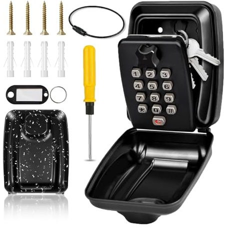 HomeVC Key Safe Wall Mounted Police Approved Key Lock Box Outdoor with Resettable 12-Digit Combination, Spare Key Hider Weatherproof Security Lockbox for Home Garage Office School Warehouse (Black)