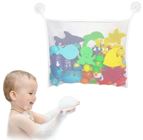 FOSDICK Bolsa Juguetes Bañera, Organizadores de Juguetes Baño 34x45cm con Ganchos Autoadhesivos, Bolsa Almacenamiento Bañera, Red Secado Rápido para Bedroom Bathroom y Sala de Estar