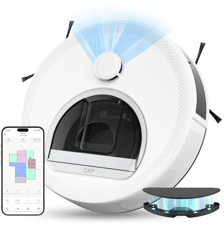 OKP L6 Robot Aspirador y Fregasuelos, 6000 Pa, 150 Min, Evitación de Obstáculos PSD 190°, Navegación dToF, Carga Automática, 2.4G 5G WiFi/App/Alexa, Aspiradora Robot para Alfombras y Pelo de Mascotas