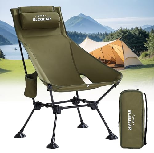 Elegear Campingstuhl Faltbar Hochlehner aus Aluminium, Ultraleicht 1,8 kg, 150 kg Belastbar Strandstuhl, Dual-Höhe Klappstuhl mit Getränkehalter Tragetasche, Stabiler Angelstuhl Camping Garten Strand