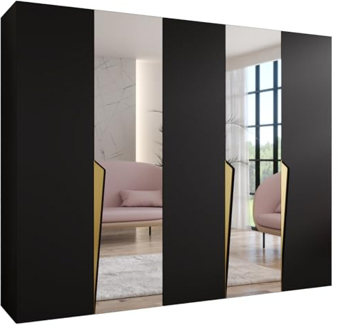MEBLE KRYSPOL - Kleiderschrank - Garderobenschrank - 250 cm x 202 x 52 cm - Schrank mit Kleiderstange und Spiegel, 5 Türen - für Schlafzimmer, Flur - Piano, Schwarz, Griff Gold