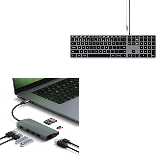 Satechi 8 in 1 USB C Hub and Slim W3 Wired Keyboard (US QWERTY Layout with No £ Sign) Bundle
