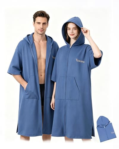 Taximi Badeponcho Damen und Herren, Mikrofaser Bademantel mit Reißverschluss, Schnelltrocknend & Leicht, Umziehponcho für Strand, Schwimmbad & Wassersport (Marineblau)