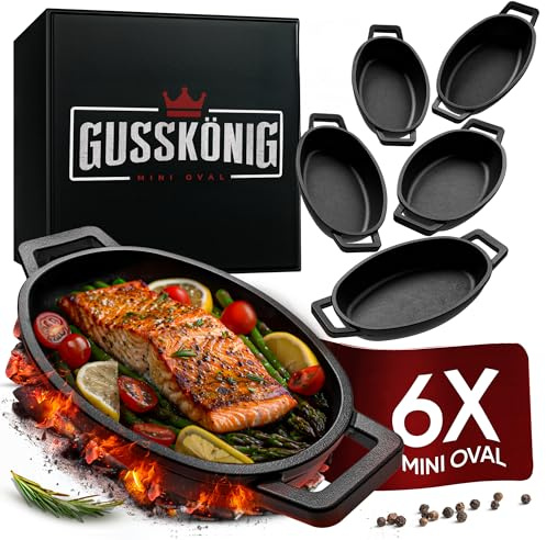 GUSSKÖNIG Mini Servierpfannen Set – 6 ovale Gusseisen Grillpfännchen für den Grill – Gusseisenpfanne klein 11 × 19 cm – eingebrannte Mini Pfannen – 30 Jahre Garantie