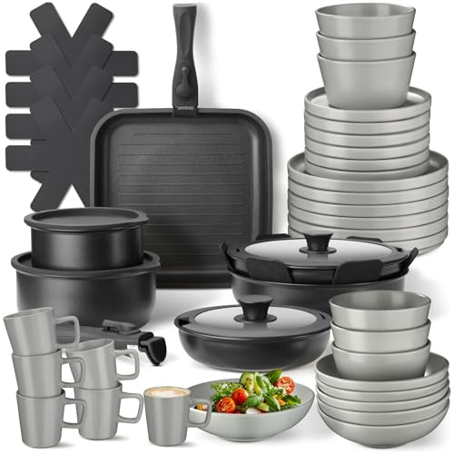 tectake® 47-tlg. Küchenstarterset, Steingut Geschirrset 6 Personen, Tassen, Teller Set, 2x Kochtopf, 4x Bratpfanne, Deckel, rostfrei, abnehmbare Griffe, für Induktion, Topfschoner - grau/schwarz
