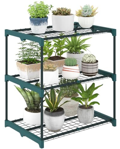 Outsunny 3-Etagen Pflanzenständer 72 cm hoch Pflanzenregal Dunkelgrün | Outdoor Blumentisch mit Regalböden, Mehrstöckig Stahl Wetterfest Blumenregal für Garten Balkon Deko