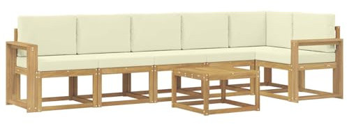 vidaXL Outdoor-Sofagarnitur mit Kissen 7 pcs Weiß und Creme Polyester, Modernes Garten-Sofa Set, wetterfestes Möbel, Sektional für die Terrasse, Akazienholz, Entspannung im Freien
