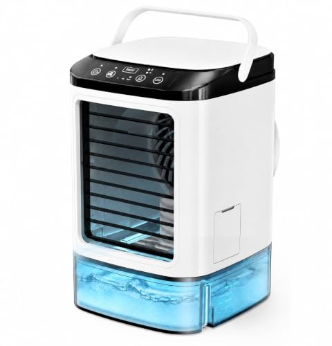 Portable Air Cooler 4-in-1 Mini AC with 900ml Tank | Adjustable mist & 3 speeds. Ice cube compatible. LED lights, swing louvers & handle. For bedroom & office.