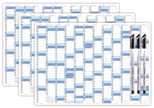 3 Stück XL Wandkalender DIN A1 2027 blau, nass abwischbar + drei Folienstifte Format 59,4 x 84,1cm Jahresplaner Wandplaner Kalender werden gerollt versendet