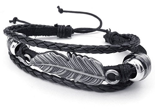 KONOV Schmuck Herren-Armband – 18 – 23 cm verstellbar, Retro Engel Feder Charm breiter Armreif – Leder – Legierung Modeschmuck für Damen und Herren – Armkette – Farbe Schwarz Silber – mit Geschenkbeutel