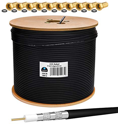 HB-DIGITAL SET: 500m Koaxial SAT Kabel 135db Schwarz + 100x F-Stecker vergoldet | CCS (Stahl-Kupfer) Satellit Antennenkabel 5-Fach geschirmt für DVB-S/S2 DVB-C/C2 DVB-T/T2 DAB+ Radio BK Anlagen